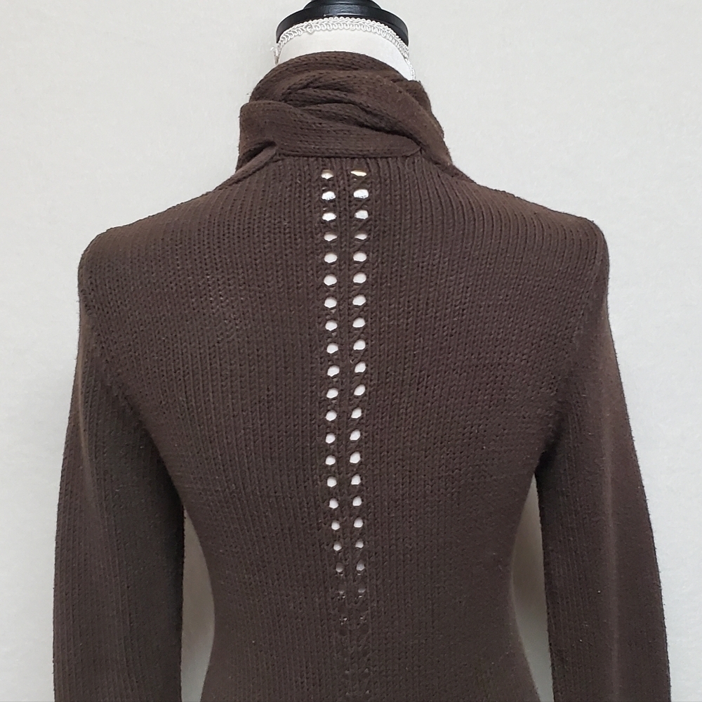 Rare Vintage 90s Max Studio Chocolate Brown Braided Detail Maxi Duster Cardigan - Picture 12 of 14